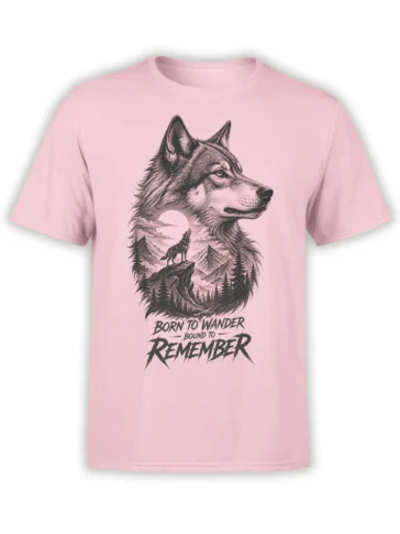 Pink wolf T-shirt with a moonlit mountain scene, pine forest, and Born to Wander quote