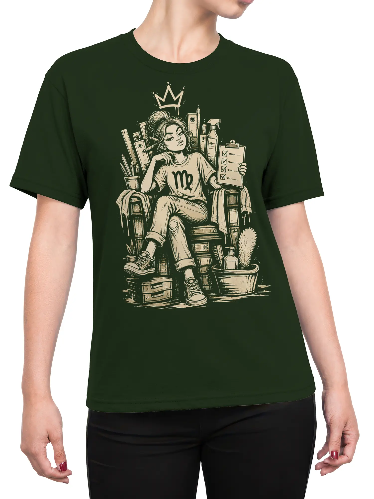 Female torso wearing a dark green T-shirt with crowned Virgo woman artwork