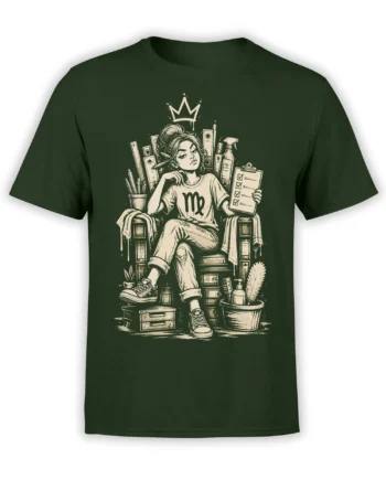 Crowned Virgo woman with beauty tools and checklist printed on a dark green T-shirt