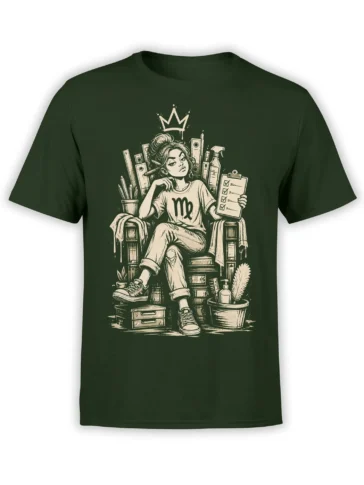 Crowned Virgo woman with beauty tools and checklist printed on a dark green T-shirt
