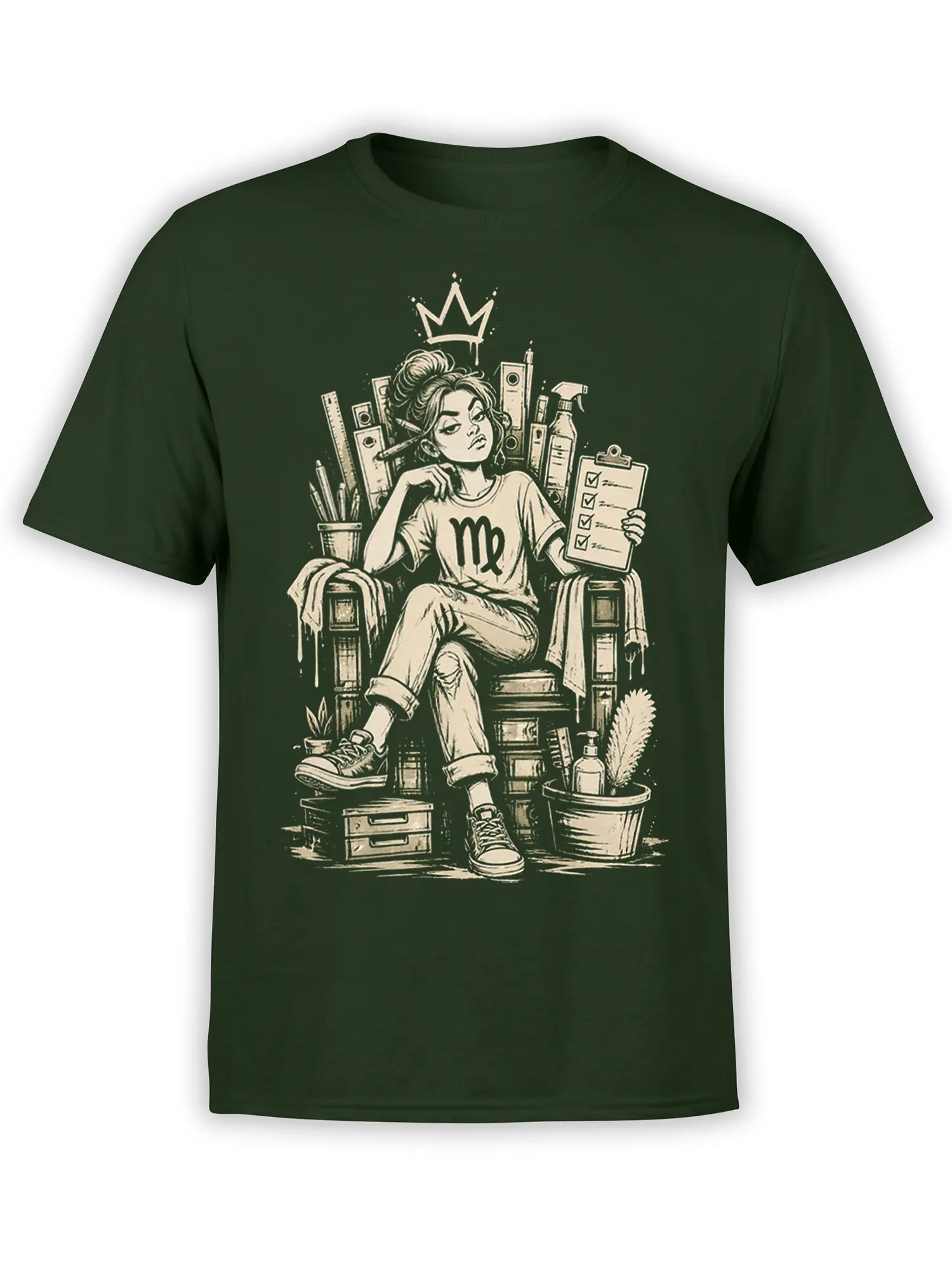 Crowned Virgo woman with beauty tools and checklist printed on a dark green T-shirt