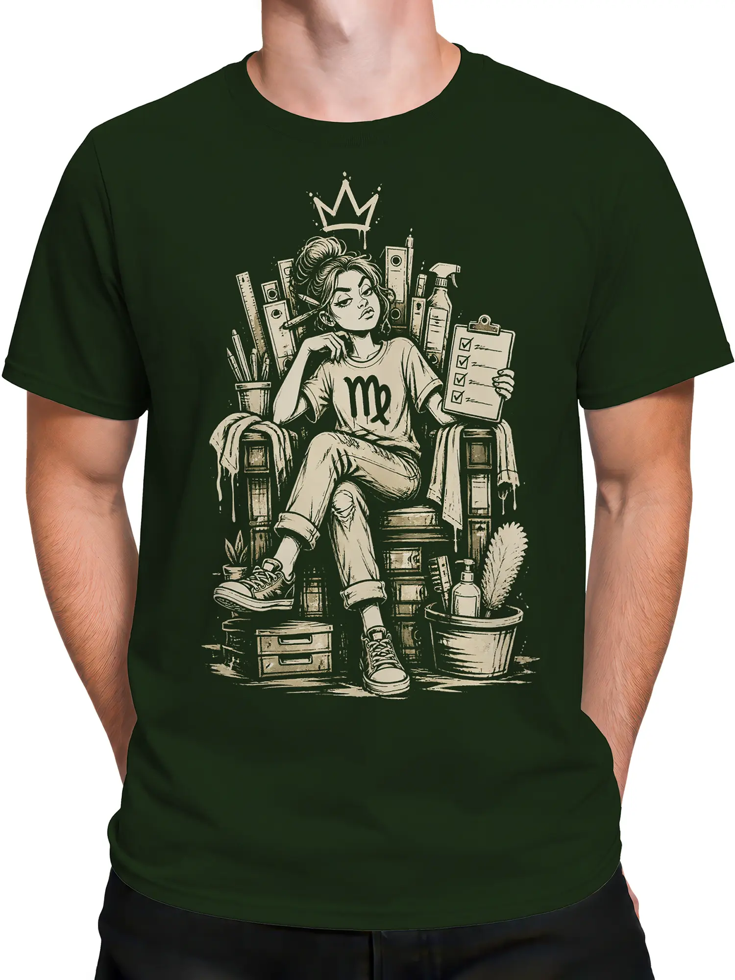 Male torso wearing a dark green T-shirt with crowned Virgo zodiac artwork