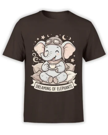 Brown T-shirt with a dreamy elephant in aviator goggles holding coffee under stars and moons