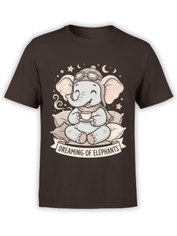 Brown T-shirt with a dreamy elephant in aviator goggles holding coffee under stars and moons