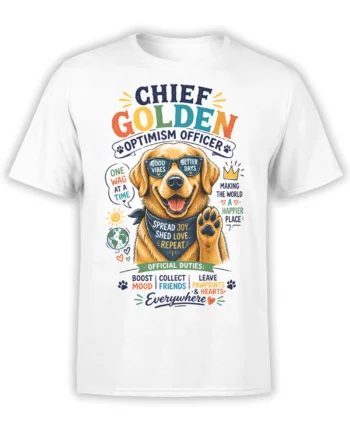 White T-shirt with colorful golden retriever optimism officer design, sunglasses, raised paw, and cheerful lettering