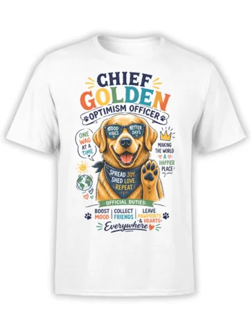 White T-shirt with colorful golden retriever optimism officer design, sunglasses, raised paw, and cheerful lettering