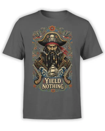Gray pirate t-shirt featuring a bearded captain, sailing ship, crossed pistols, and YIELD NOTHING lettering