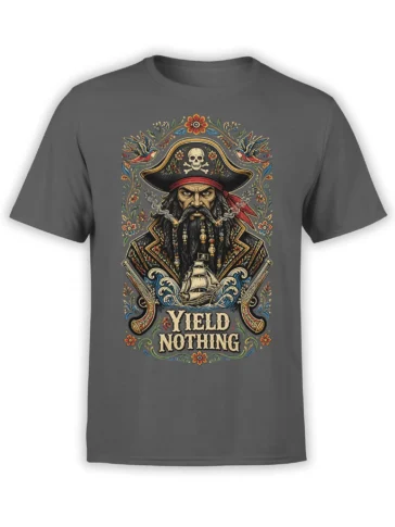 Gray pirate t-shirt featuring a bearded captain, sailing ship, crossed pistols, and YIELD NOTHING lettering