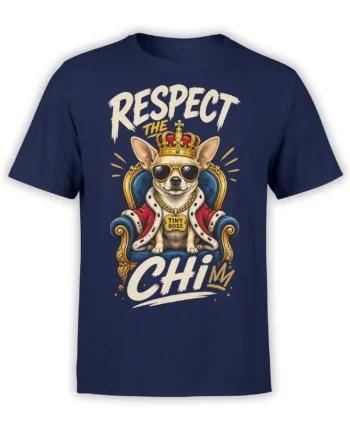 Tiny boss dog in sunglasses and crown on a throne printed on a navy T-shirt