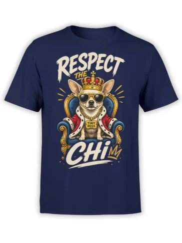 Tiny boss dog in sunglasses and crown on a throne printed on a navy T-shirt
