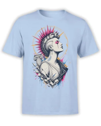 Light blue T-shirt with a punk female statue, pink mohawk, spiked jacket, and cracked stone artwork