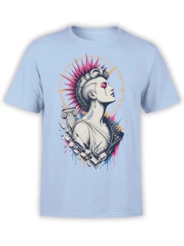 Light blue T-shirt with a punk female statue, pink mohawk, spiked jacket, and cracked stone artwork