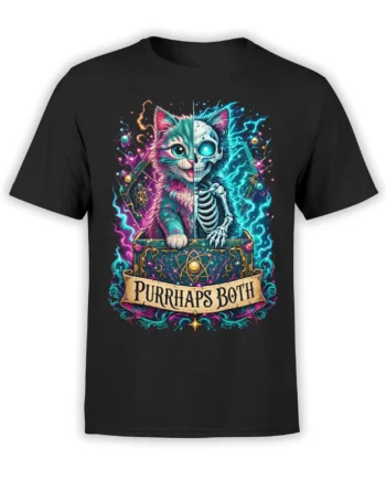Black cat T-shirt with colorful split cat and skeleton artwork, neon energy, and “Purrhaps Both” banner