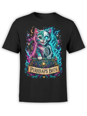 Black cat T-shirt with colorful split cat and skeleton artwork, neon energy, and “Purrhaps Both” banner