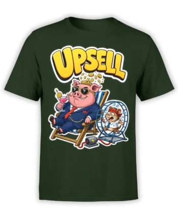 Green T-shirt with a suited pig holding a cocktail, a running hamster, and bold yellow UPSELL lettering