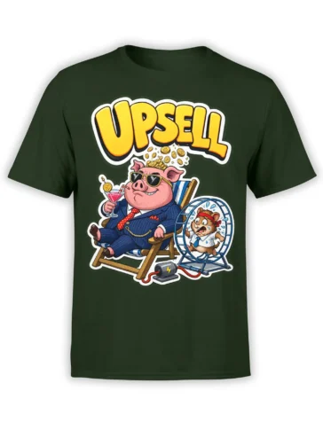Green T-shirt with a suited pig holding a cocktail, a running hamster, and bold yellow UPSELL lettering