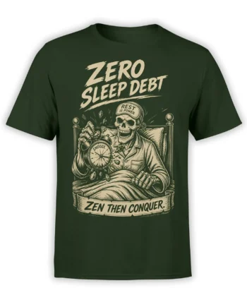Dark green skull sleep T-shirt with a resting skeleton, snooze alarm clock, and “Zen Then Conquer” lettering