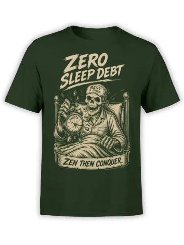 Dark green skull sleep T-shirt with a resting skeleton, snooze alarm clock, and “Zen Then Conquer” lettering