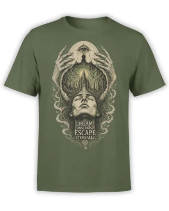 Olive green T-shirt with mystical eye, skeletal hands, cathedral artwork, and “Dream Consciously” message