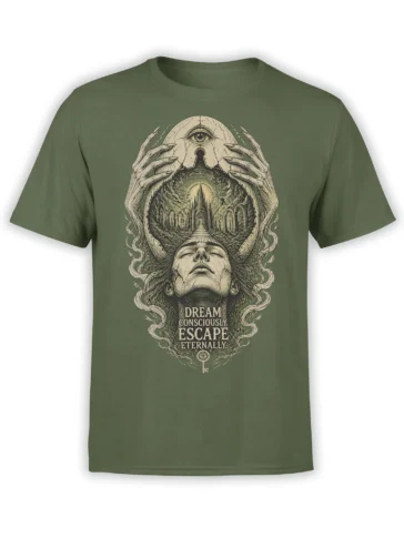 Olive green T-shirt with mystical eye, skeletal hands, cathedral artwork, and “Dream Consciously” message