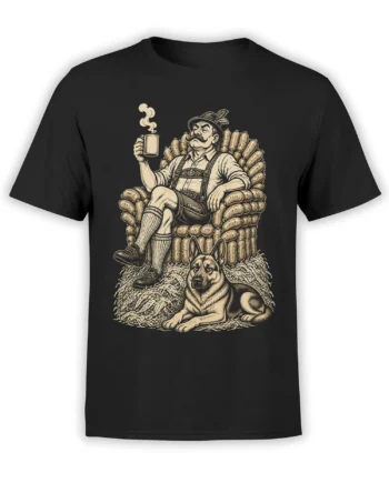 Black T-shirt with a vintage mustached man on a sausage throne and a shepherd dog at his feet