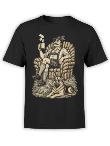 Black T-shirt with a vintage mustached man on a sausage throne and a shepherd dog at his feet