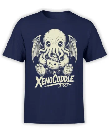 Front view of navy alien T-shirt with a cute winged tentacle creature and XENOCUDDLE lettering