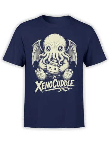 Front view of navy alien T-shirt with a cute winged tentacle creature and XENOCUDDLE lettering