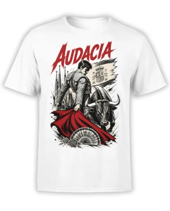 White Audacia bullfighter T-shirt with a black bull, red cape, Spanish-inspired crest, and bold red lettering