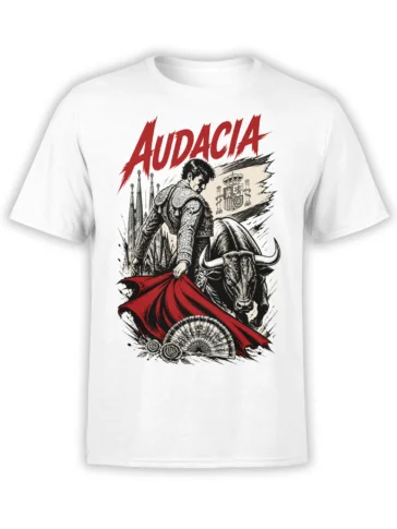 White Audacia bullfighter T-shirt with a black bull, red cape, Spanish-inspired crest, and bold red lettering