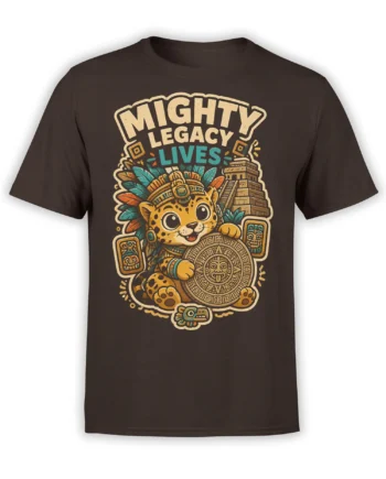 Mesoamerican-inspired jaguar warrior T-shirt in brown with a temple pyramid, calendar stone, feathers, and bold lettering