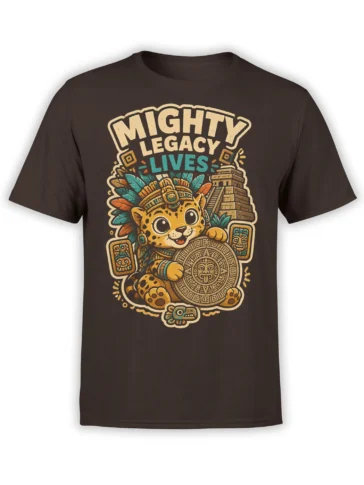 Mesoamerican-inspired jaguar warrior T-shirt in brown with a temple pyramid, calendar stone, feathers, and bold lettering