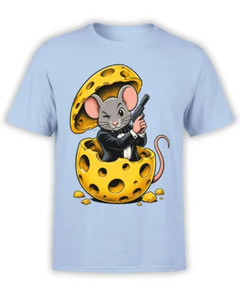 Light blue T-shirt with a gray mouse in a black suit sitting on a golden wheel of cheese