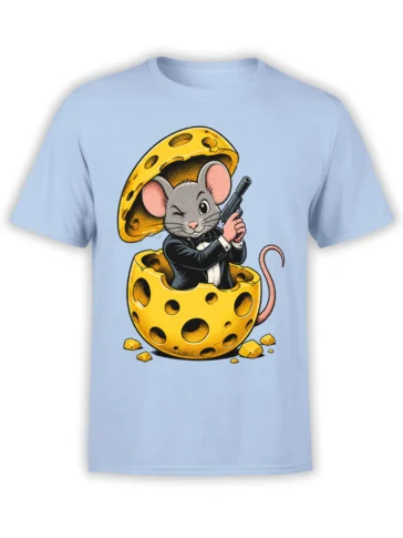 Light blue T-shirt with a gray mouse in a black suit sitting on a golden wheel of cheese