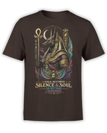 Brown T-shirt with an Egyptian jackal-headed guardian, ankh staff, scarab, and "Silence & Soul" text