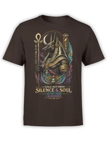 Brown T-shirt with an Egyptian jackal-headed guardian, ankh staff, scarab, and "Silence & Soul" text