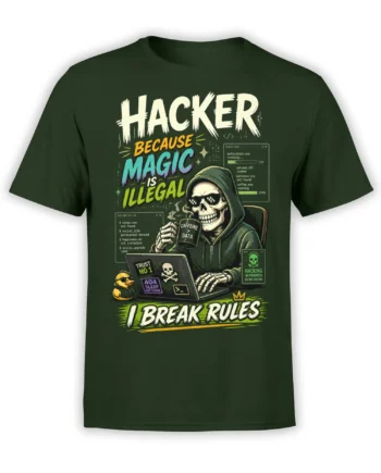 Green hacker T-shirt with hooded skeleton, laptop, code windows, coffee mug, rubber duck, and bold rule-breaking text
