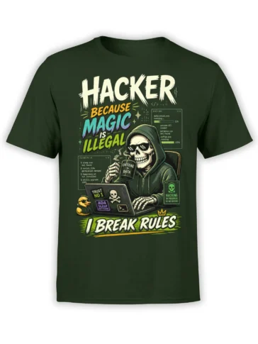 Green hacker T-shirt with hooded skeleton, laptop, code windows, coffee mug, rubber duck, and bold rule-breaking text