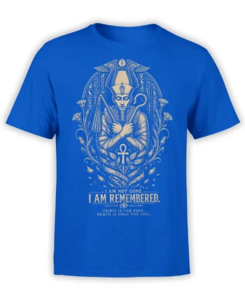 Blue Egyptian T-shirt featuring Osiris, an ankh, lotus flowers, winged details, and remembrance text in cream print
