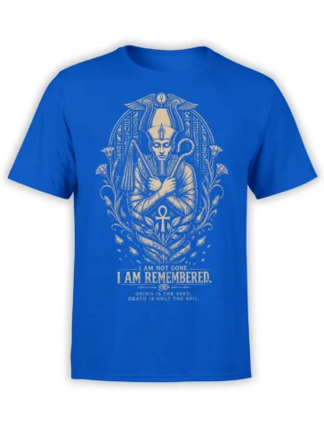 Blue Egyptian T-shirt featuring Osiris, an ankh, lotus flowers, winged details, and remembrance text in cream print