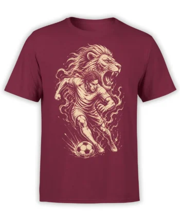 Maroon soccer T-shirt with a charging player, roaring lion, and soccer ball in cream artwork