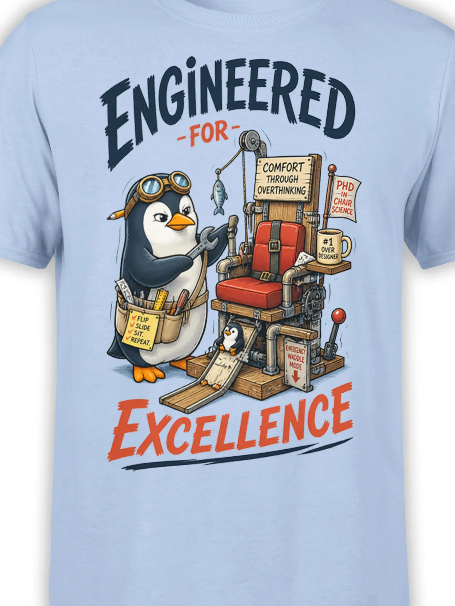 Close-up of the penguin engineer and chair machine with overthinking slogans on a light blue T-shirt