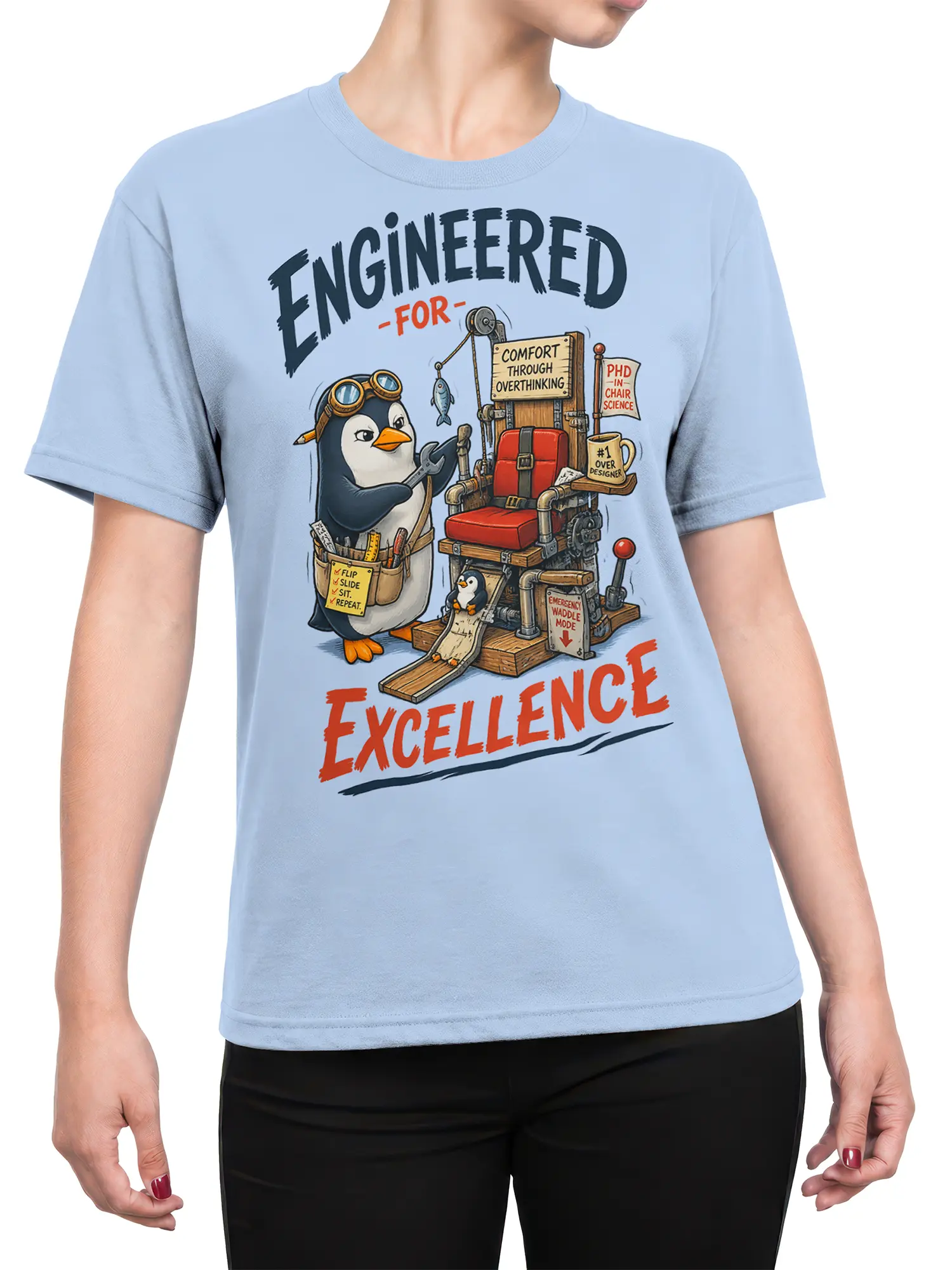 Female torso wearing a light blue penguin engineer T-shirt with a detailed mechanical chair graphic