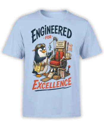 Light blue T-shirt with a penguin engineer, mechanical chair, and “Engineered for Excellence” design