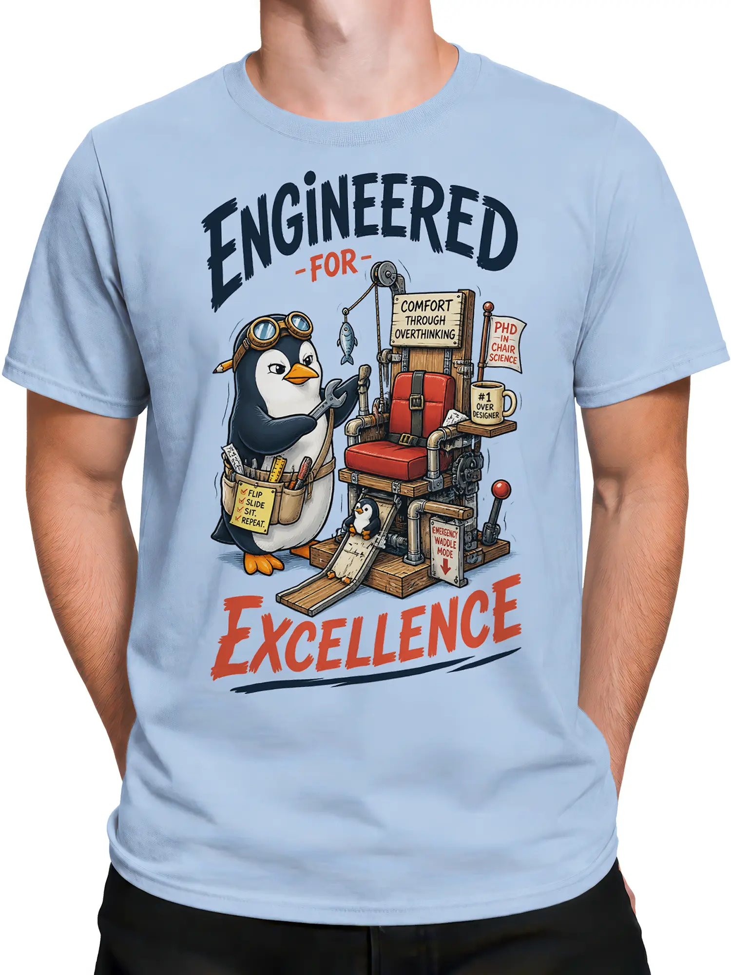 Male torso wearing a light blue T-shirt with a penguin engineer and overthinking chair design