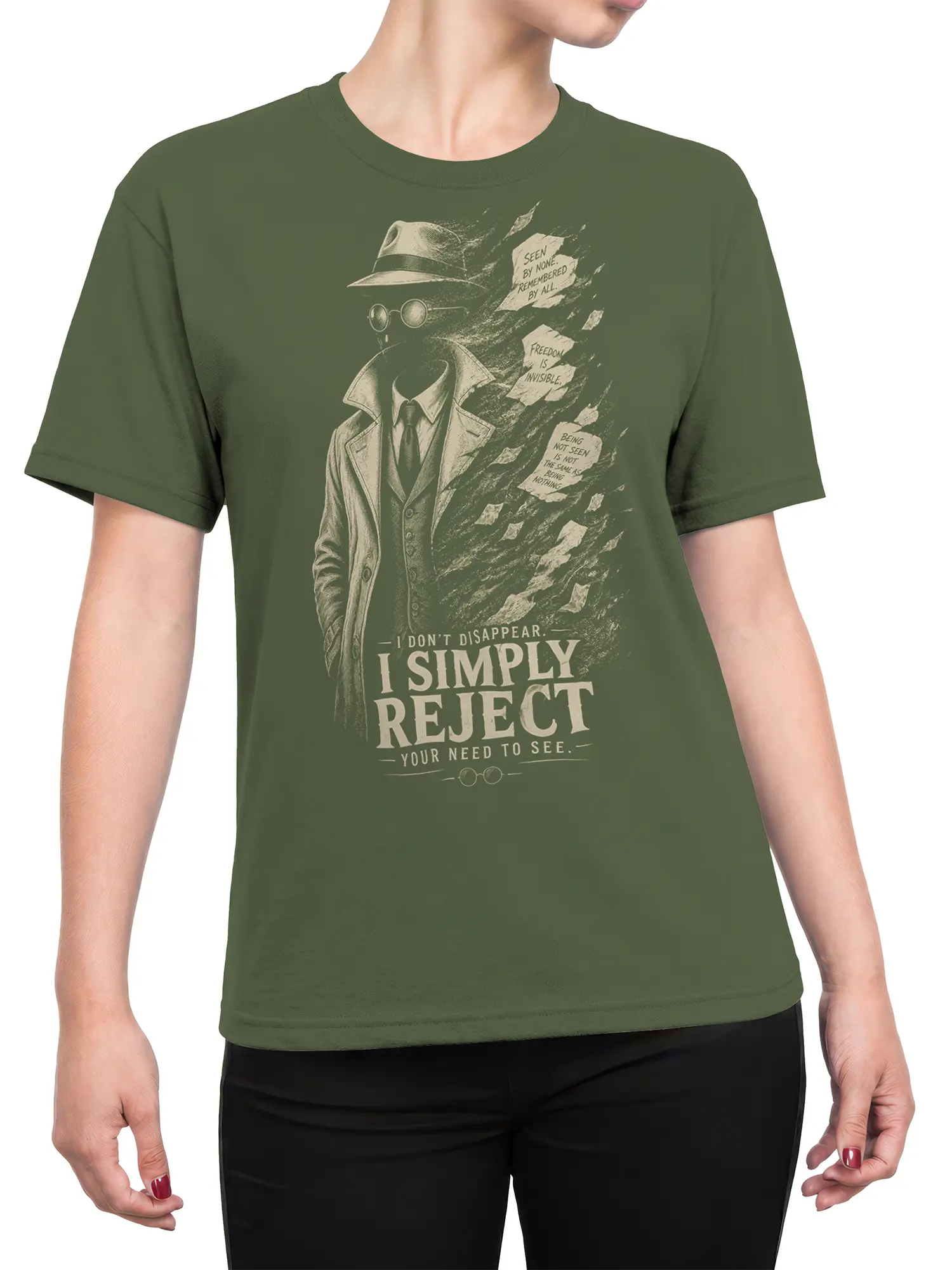 Female torso wearing a green detective graphic T-shirt with vintage noir artwork and a shadowed figure