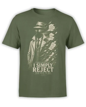 Vintage detective figure in a fedora and trench coat on a green shirt with a bold rejection message