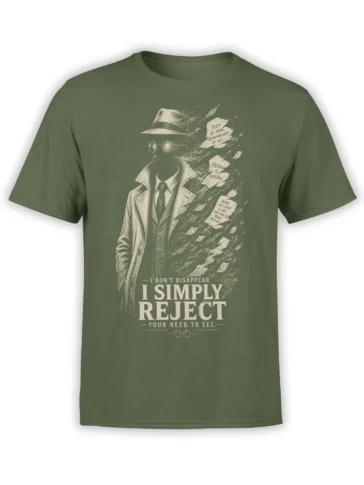 Vintage detective figure in a fedora and trench coat on a green shirt with a bold rejection message
