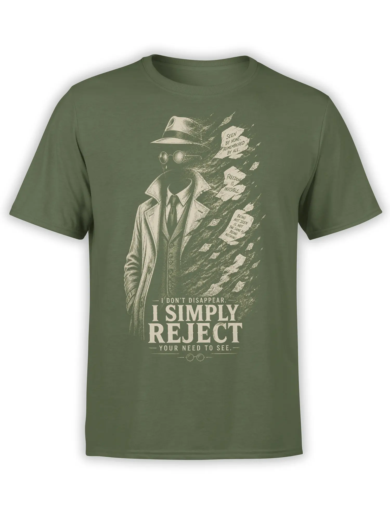 Vintage detective figure in a fedora and trench coat on a green shirt with a bold rejection message