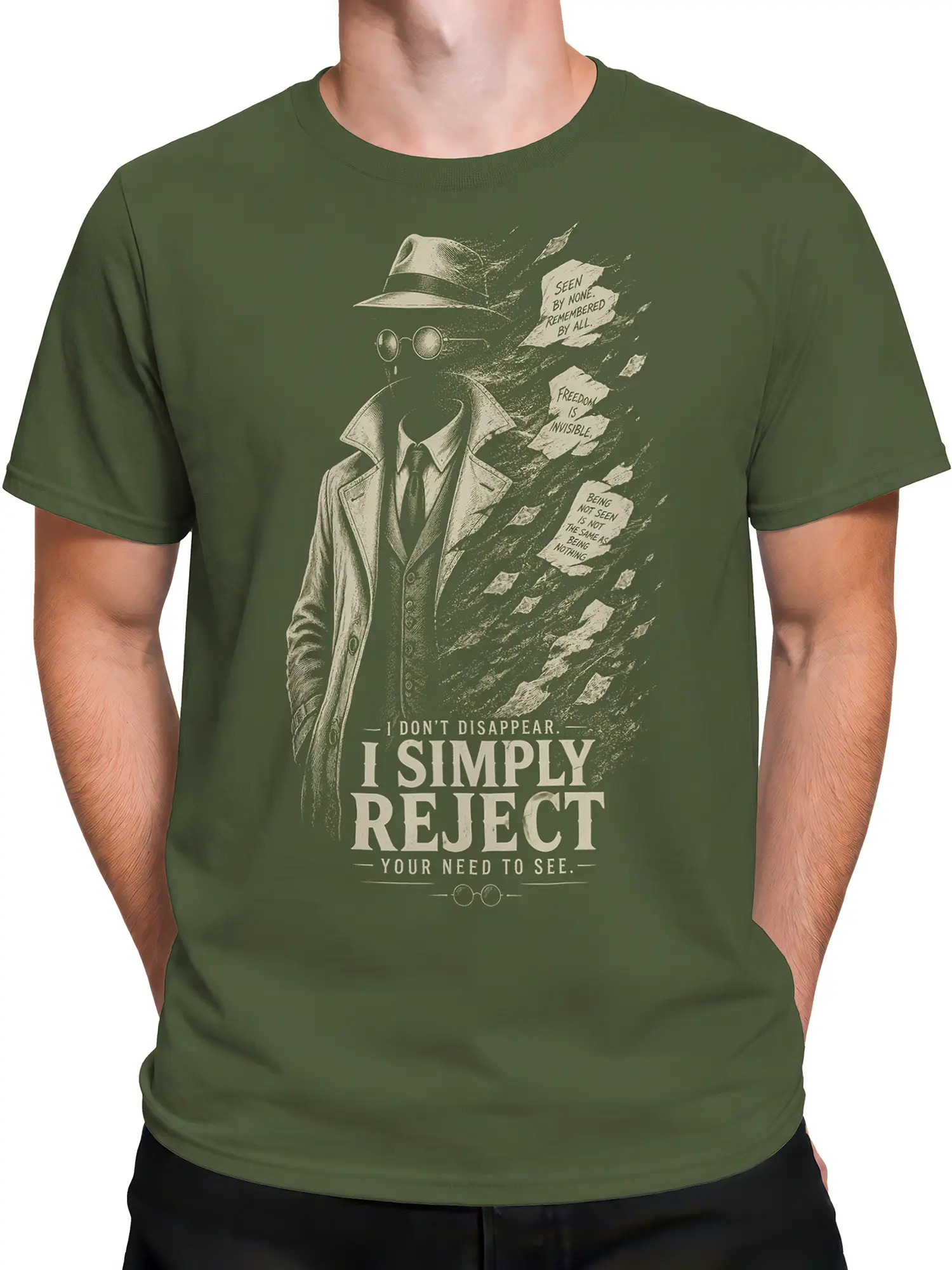 Male torso wearing a green vintage detective T-shirt with distressed cream artwork and noir styling